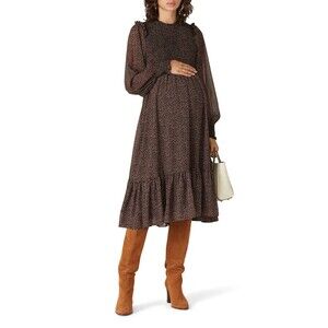 HATCH Lana Dress Womens 2 (8/10) Black Floral Long Sleeve Smocked Midi Maternity